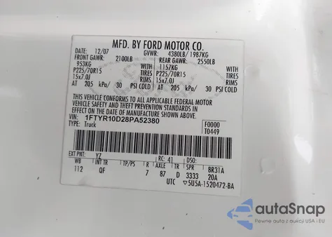 2008 Ford Ranger Xl/Xlt z USA, uszkodzony, nr VIN 1FTYR10D28PA52380